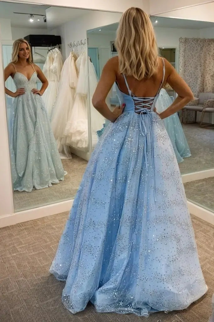 Light Blue Spaghetti Strap Sequin Ball Gown Prom Dress with Corset Back for Formal Events and Prom Nights