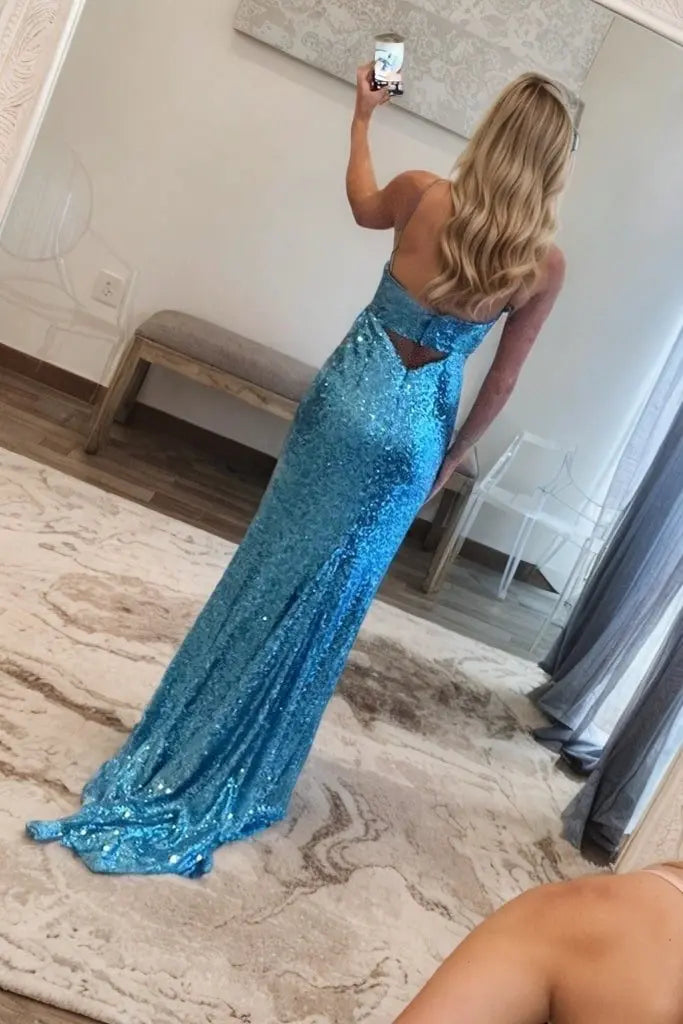 Light Blue Spaghetti Strap Sequin Mermaid Prom Dress with Keyhole Cutout and High Slit for Formal Events and Prom Nights