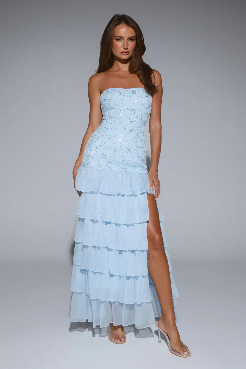 Light Blue Strapless Embellished Floral Tiered Chiffon Maxi Formal Evening Prom Dress