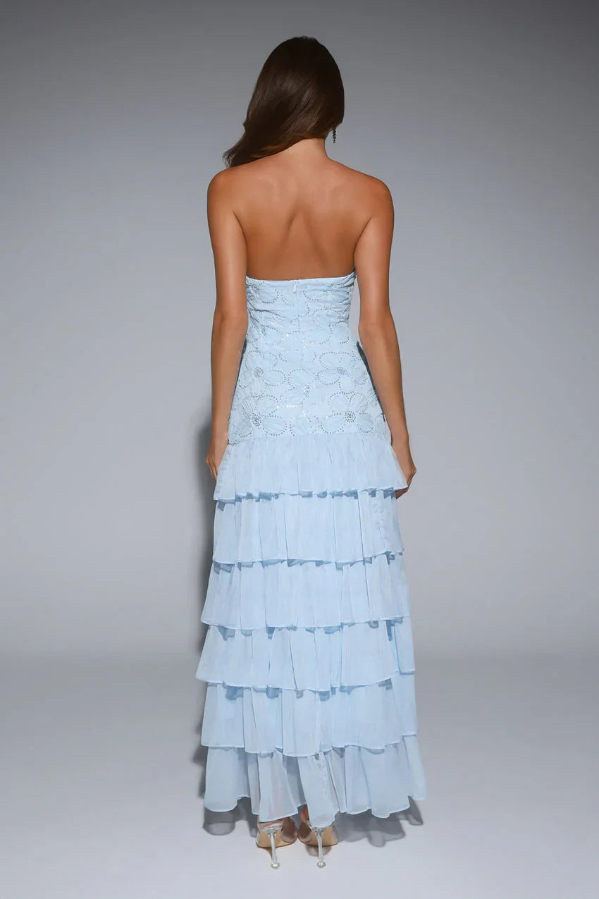 Light Blue Strapless Embellished Floral Tiered Chiffon Maxi Formal Evening Prom Dress
