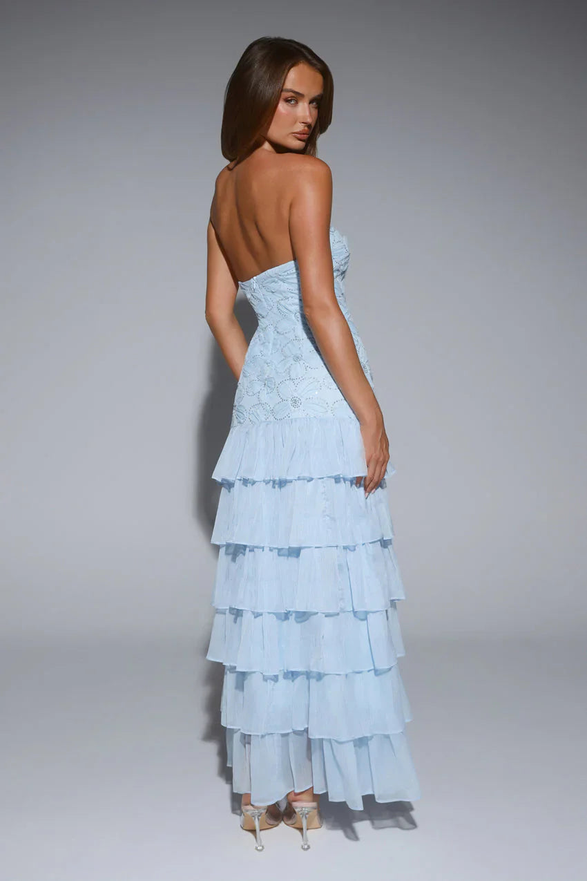 Light Blue Strapless Embellished Floral Tiered Chiffon Maxi Formal Evening Prom Dress
