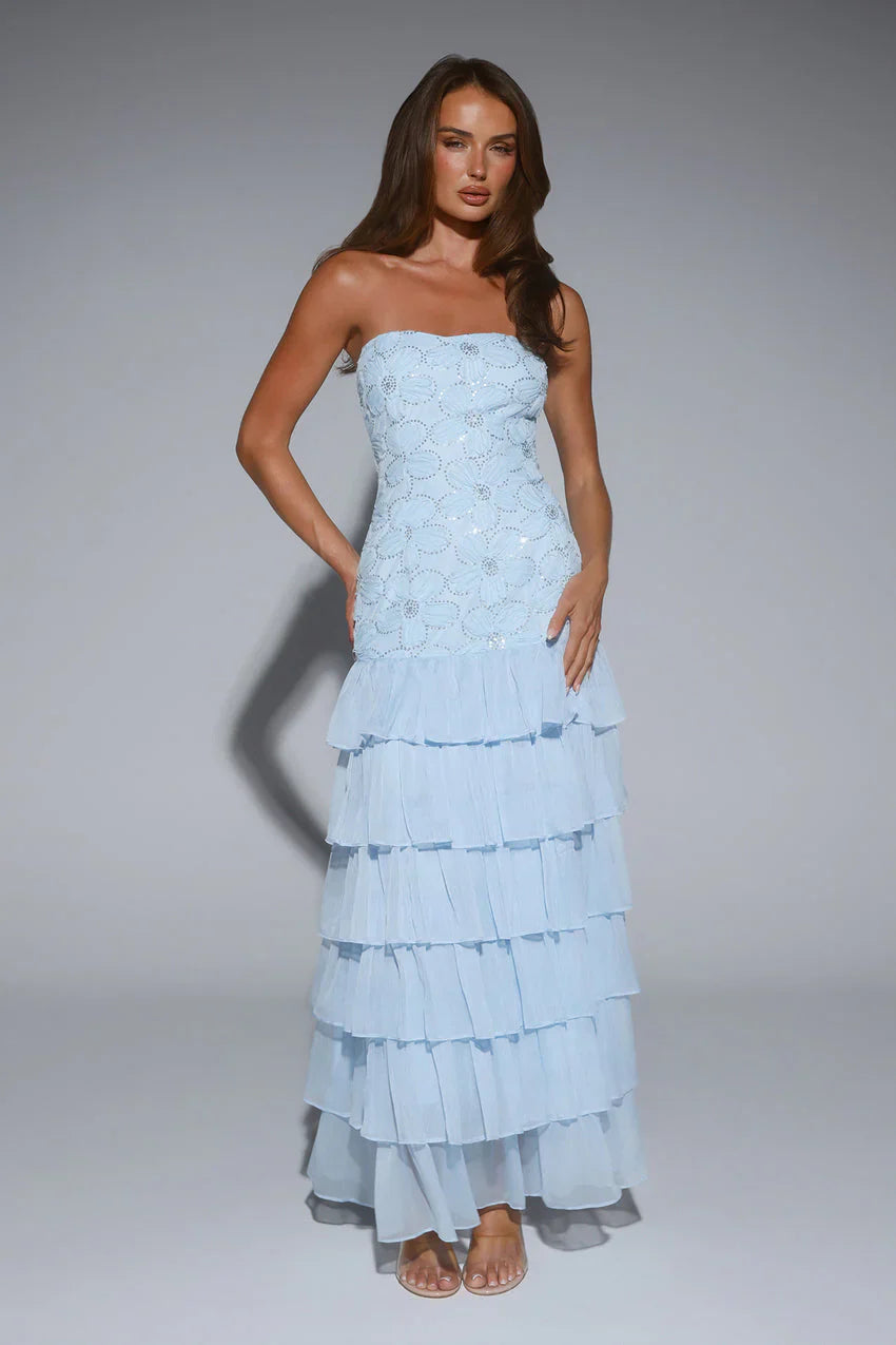 Light Blue Strapless Embellished Floral Tiered Chiffon Maxi Formal Evening Prom Dress