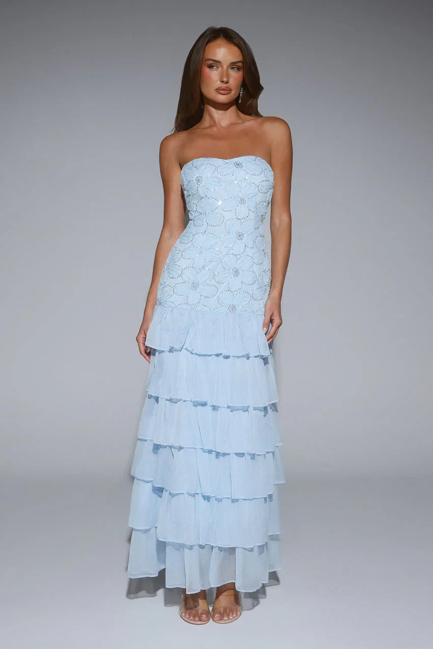 Light Blue Strapless Embellished Floral Tiered Chiffon Maxi Formal Evening Prom Dress