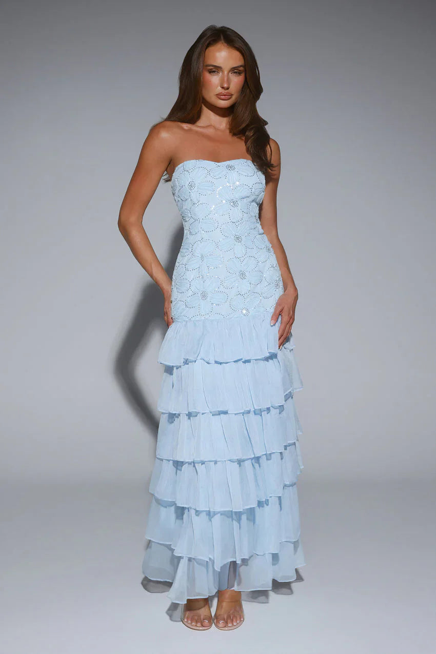 Light Blue Strapless Embellished Floral Tiered Chiffon Maxi Formal Evening Prom Dress