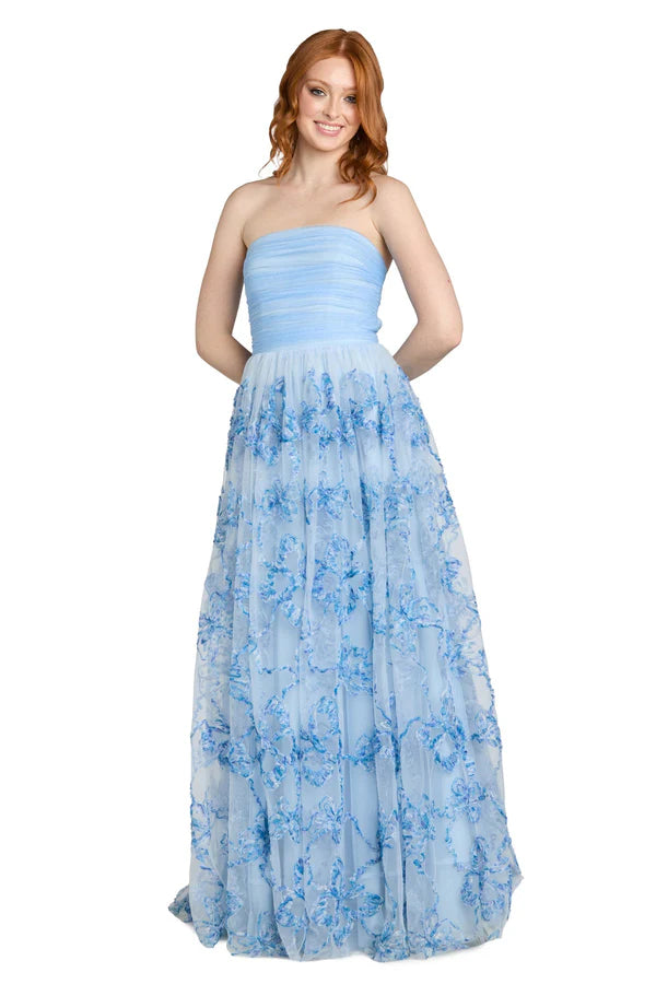 Light Blue Strapless Floral Applique Tulle A Line Floor Length Formal Evening Prom Dress