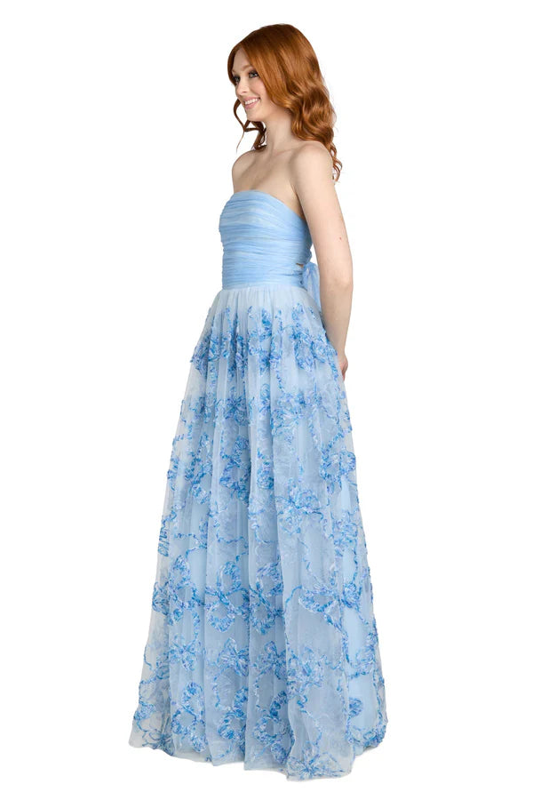 Light Blue Strapless Floral Applique Tulle A Line Floor Length Formal Evening Prom Dress
