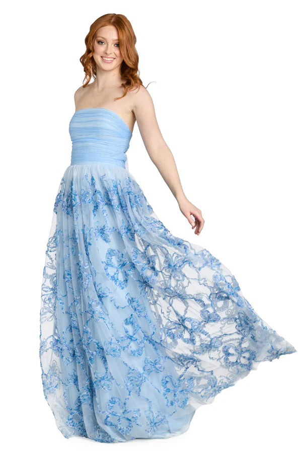 Light Blue Strapless Floral Applique Tulle A Line Floor Length Formal Evening Prom Dress