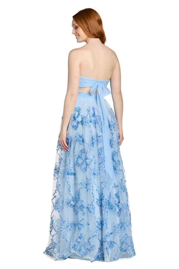Light Blue Strapless Floral Applique Tulle A Line Floor Length Formal Evening Prom Dress