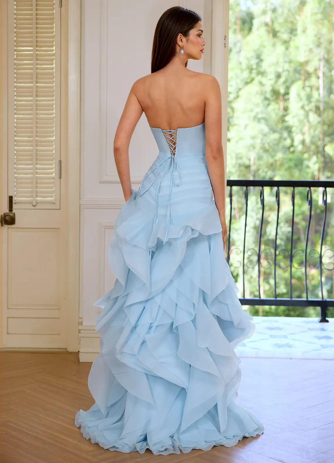 Light Blue Strapless Prom Dress With Corset Lace Up Back Ruffle Tiered High Slit And Organza A Line Formal Prom Dress