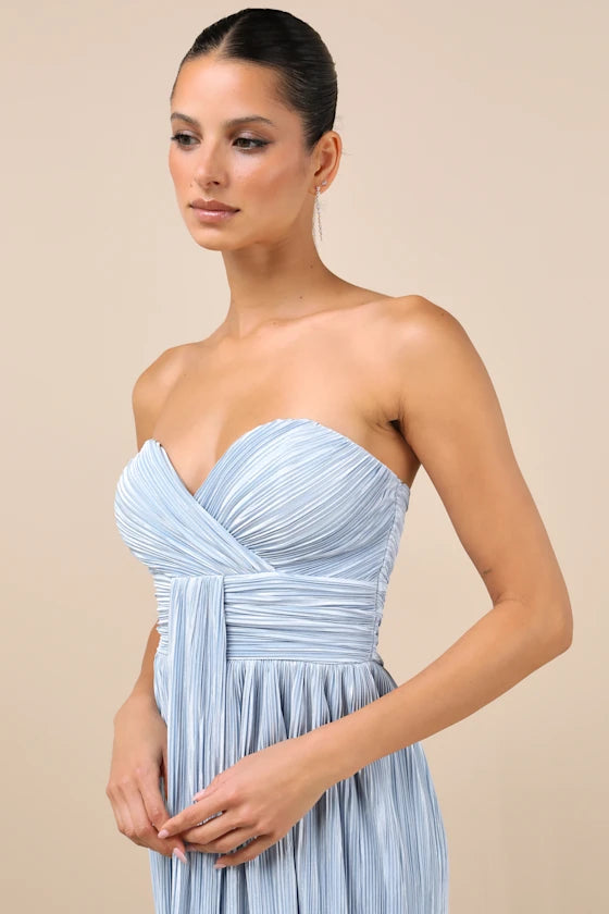 Light Blue Strapless Prom Dress With Sweetheart Neck Pleated Bodice And High Slit A Line Formal Prom Dress
