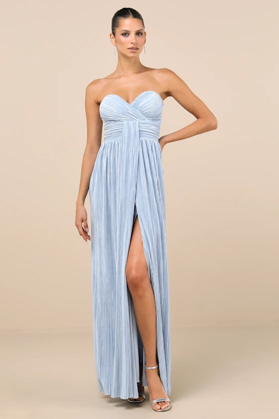 Light Blue Strapless Prom Dress With Sweetheart Neck Pleated Bodice And High Slit A Line Formal Prom Dress
