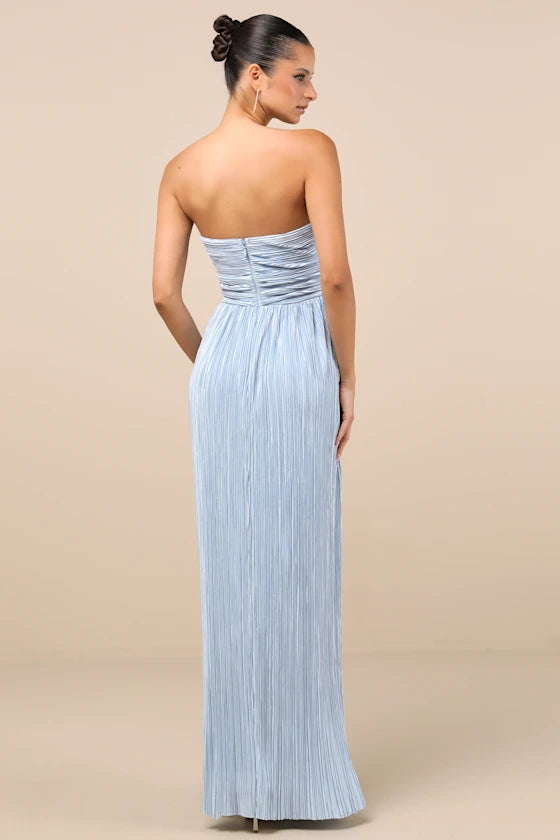 Light Blue Strapless Prom Dress With Sweetheart Neck Pleated Bodice And High Slit A Line Formal Prom Dress