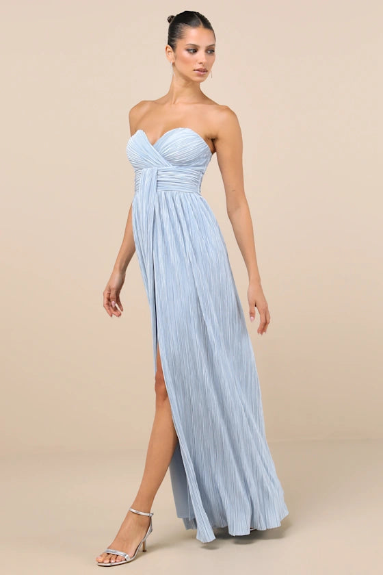 Light Blue Strapless Prom Dress With Sweetheart Neck Pleated Bodice And High Slit A Line Formal Prom Dress