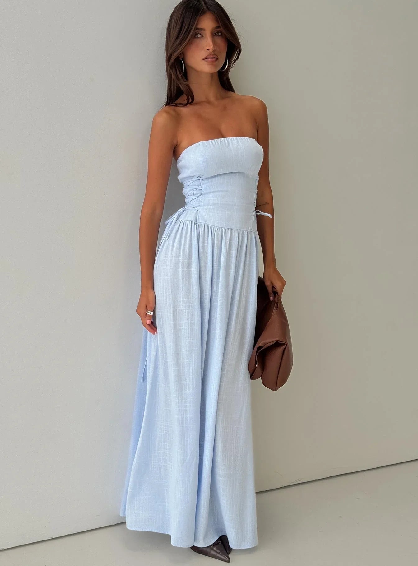 Light Blue Strapless Prom Dress with Corset Lace Up Back and A Line Skirt for Formal Events and Prom Nights