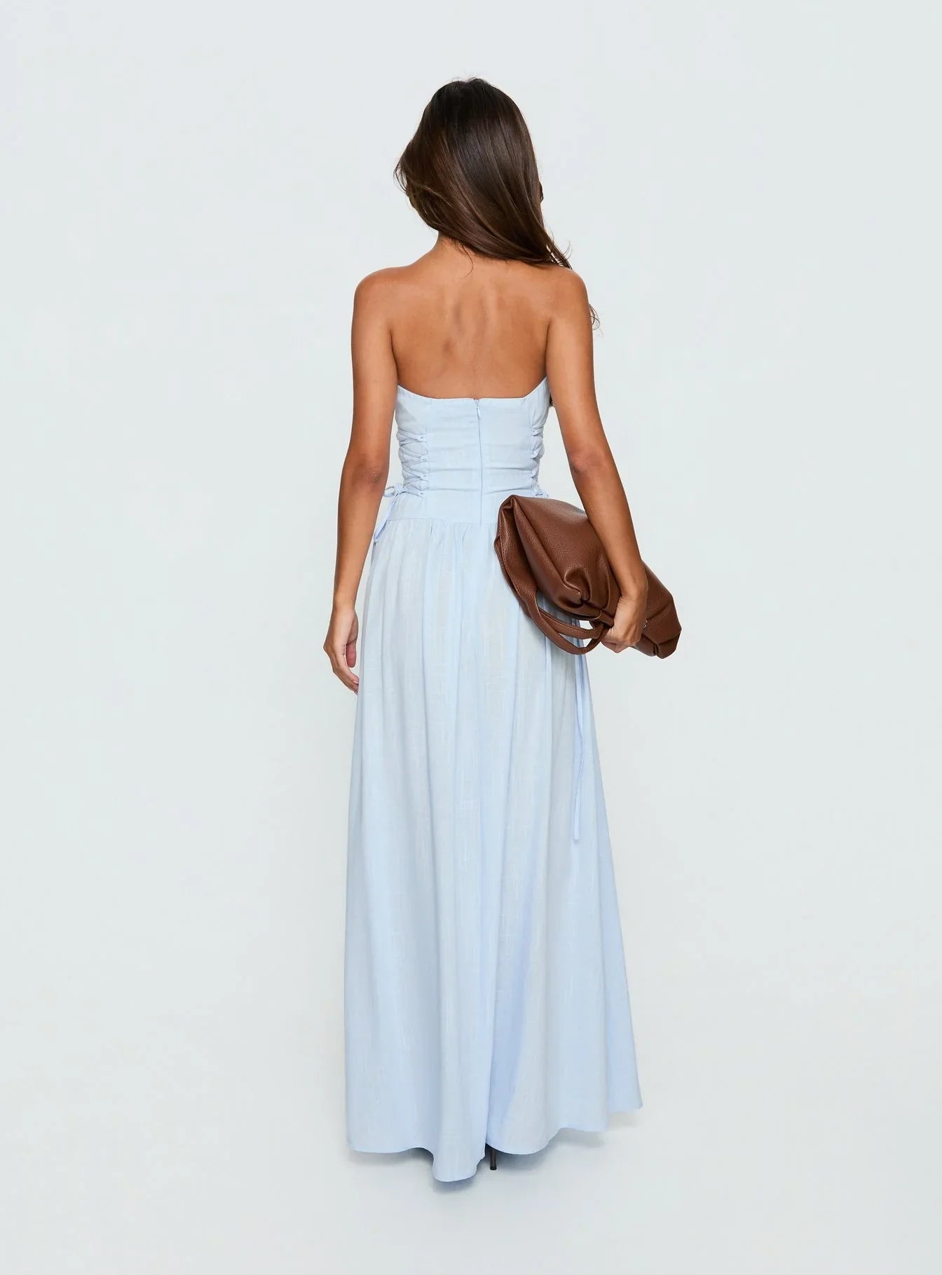 Light Blue Strapless Prom Dress with Corset Lace Up Back and A Line Skirt for Formal Events and Prom Nights