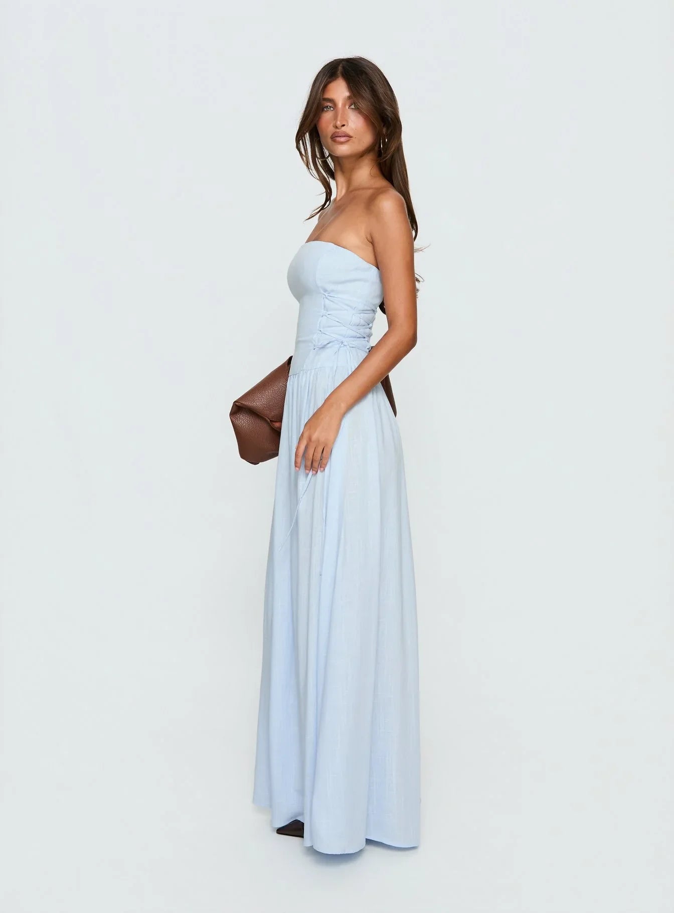 Light Blue Strapless Prom Dress with Corset Lace Up Back and A Line Skirt for Formal Events and Prom Nights