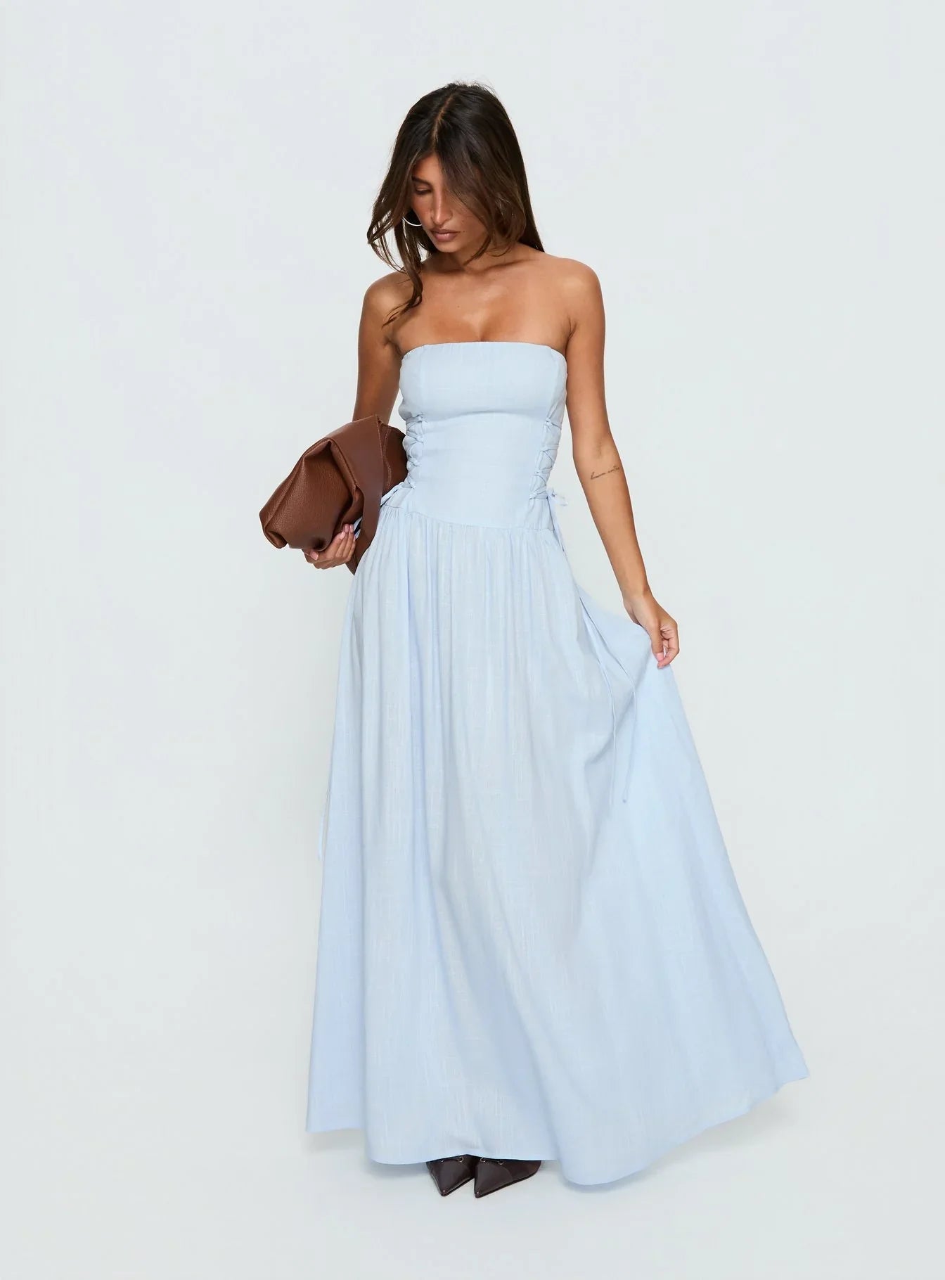 Light Blue Strapless Prom Dress with Corset Lace Up Back and A Line Skirt for Formal Events and Prom Nights