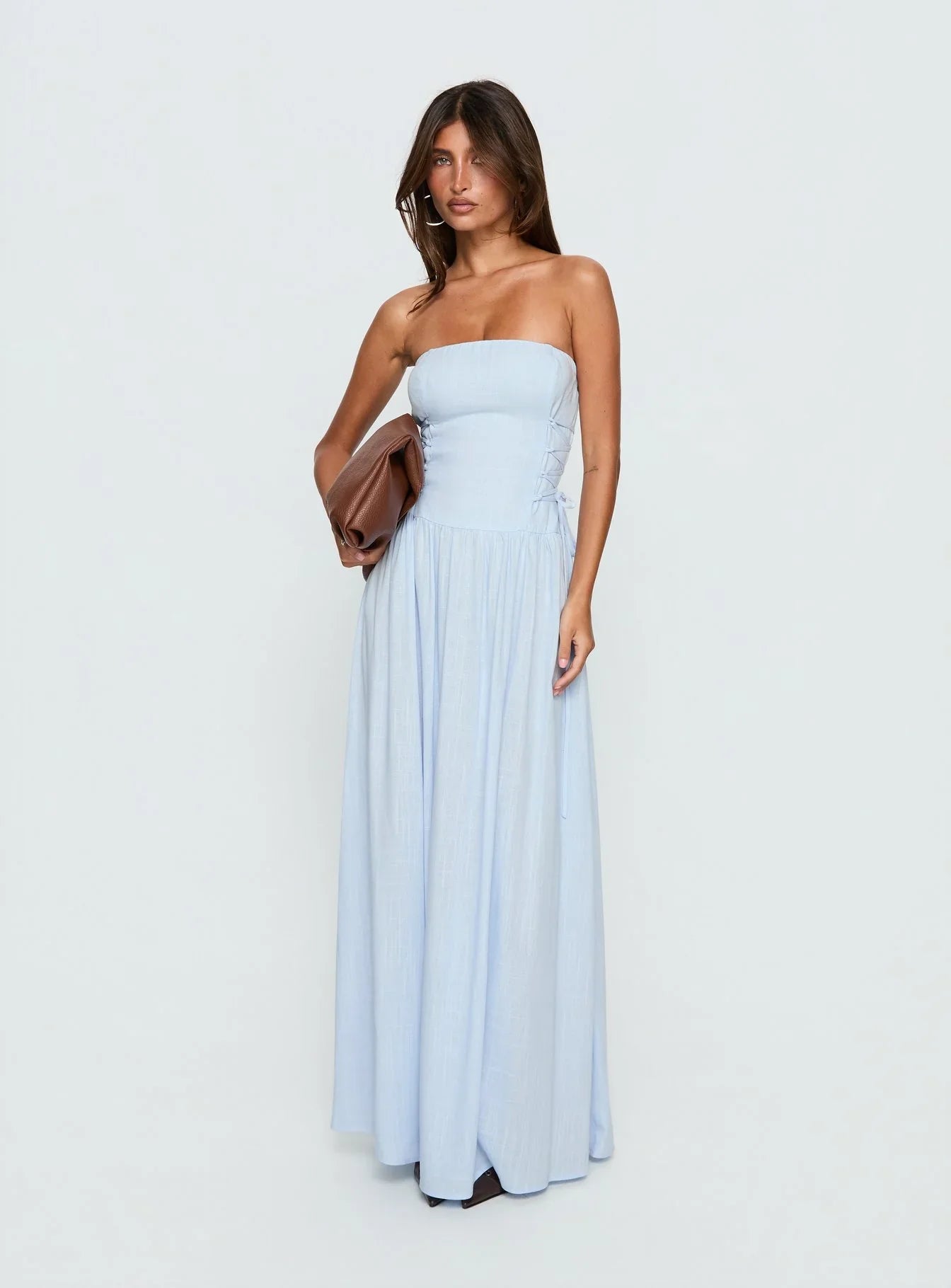 Light Blue Strapless Prom Dress with Corset Lace Up Back and A Line Skirt for Formal Events and Prom Nights