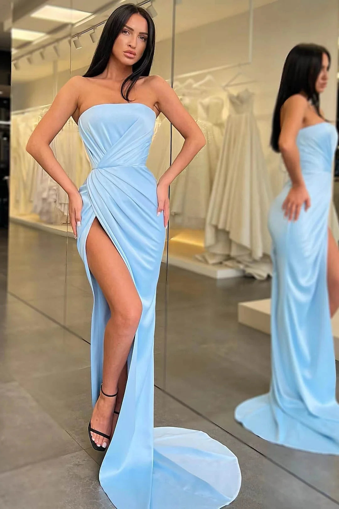 Light Blue Strapless Prom Dress with Ruched Waist and High Slit for Formal Events and Prom Nights