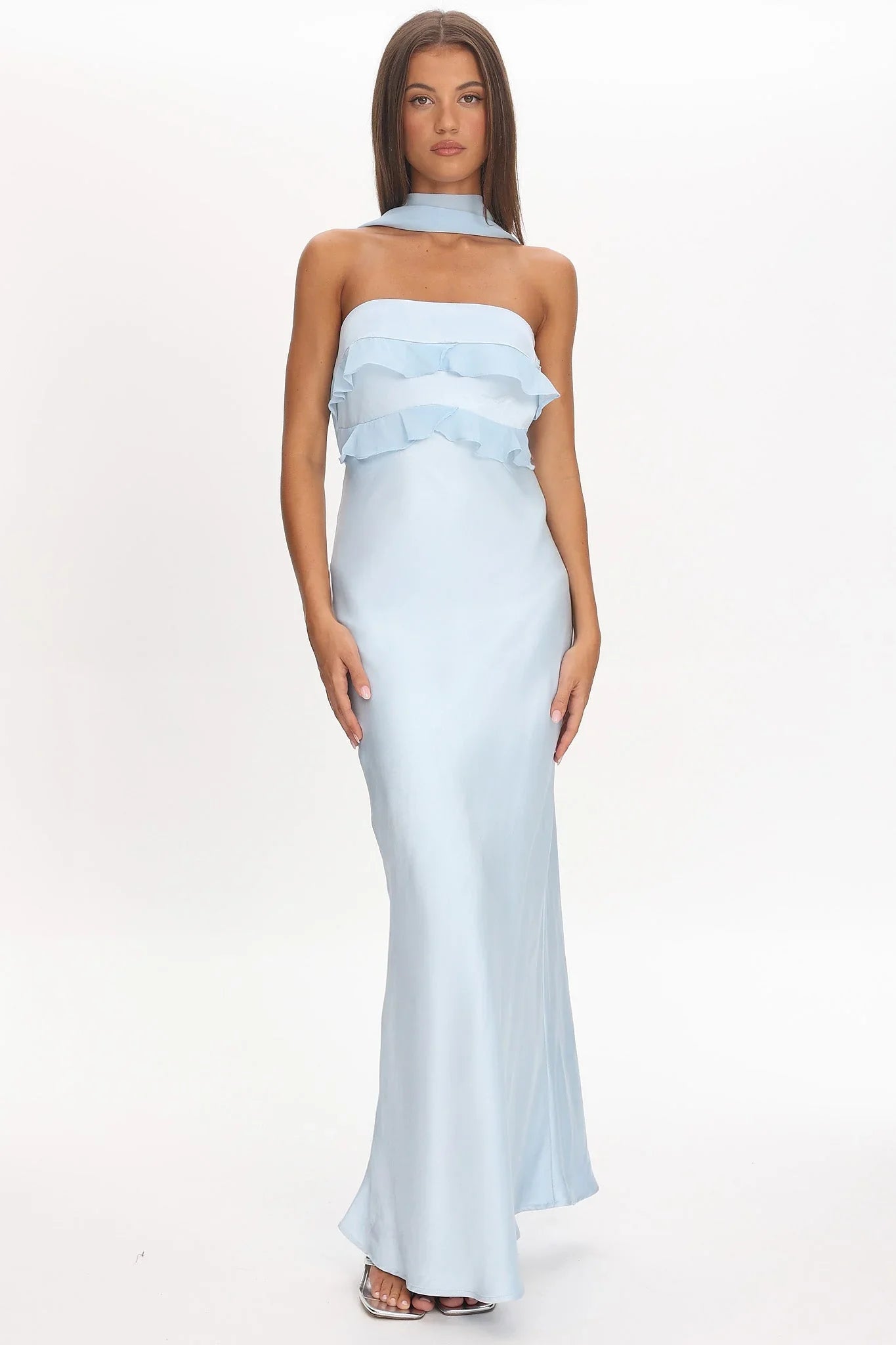 Light Blue Strapless Ruffle Front Draped Back Satin Maxi Formal Evening Prom Dress