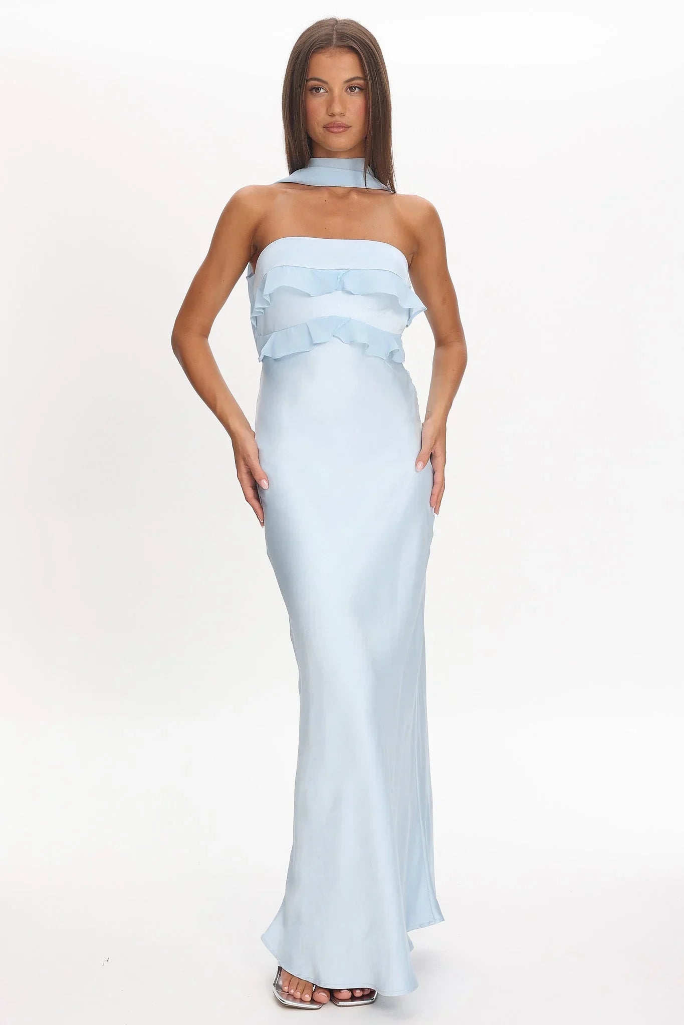 Light Blue Strapless Ruffle Front Draped Back Satin Maxi Formal Evening Prom Dress