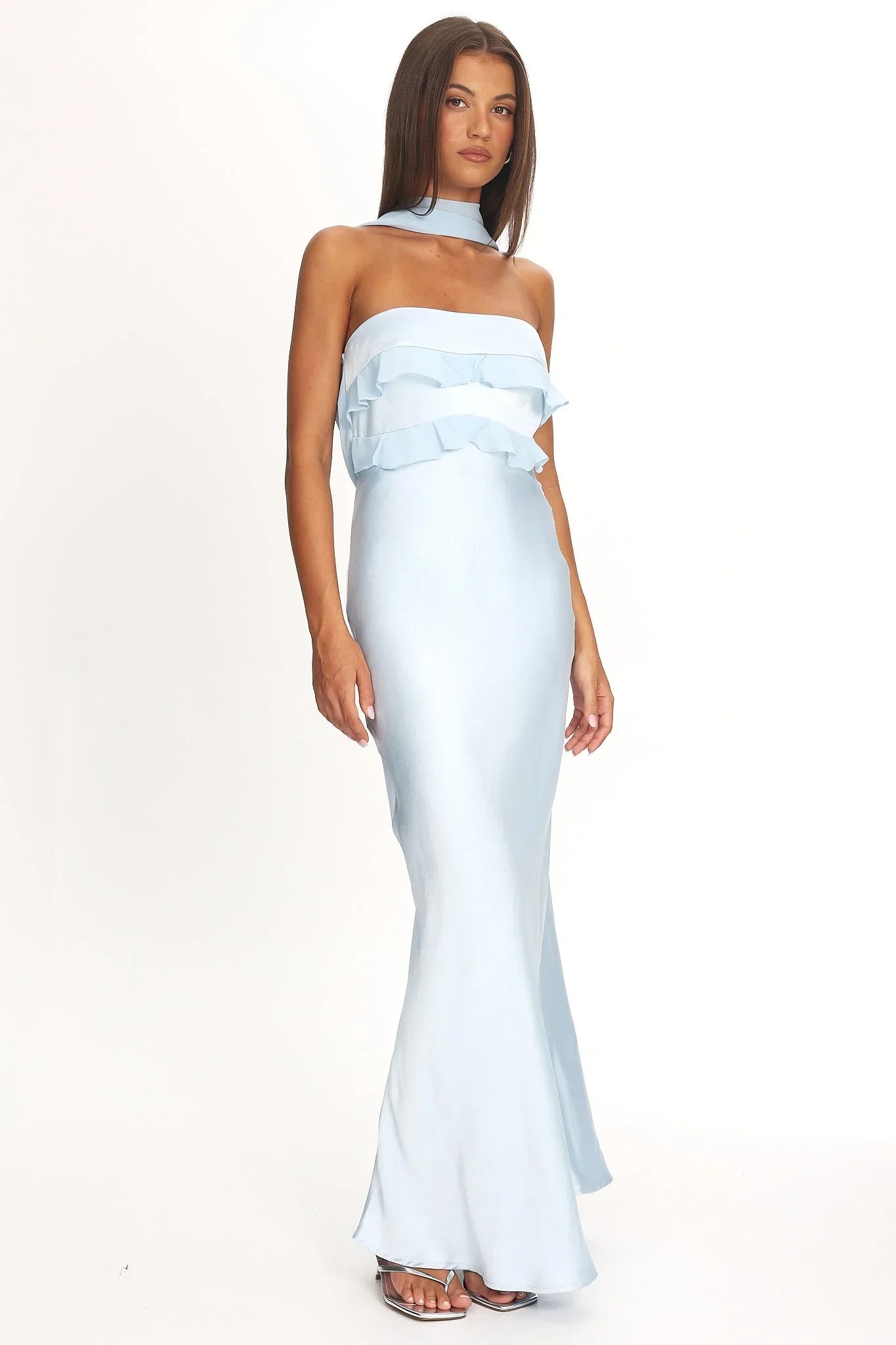 Light Blue Strapless Ruffle Front Draped Back Satin Maxi Formal Evening Prom Dress
