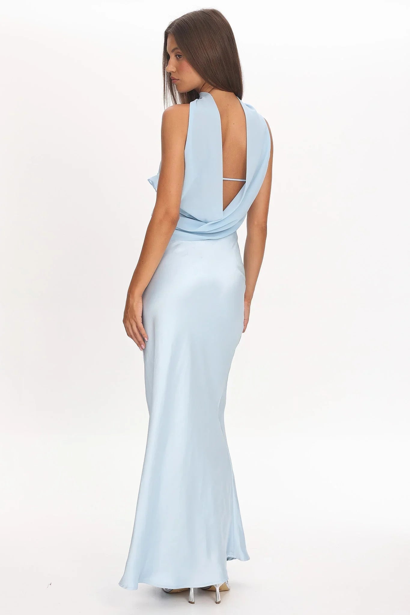 Light Blue Strapless Ruffle Front Draped Back Satin Maxi Formal Evening Prom Dress