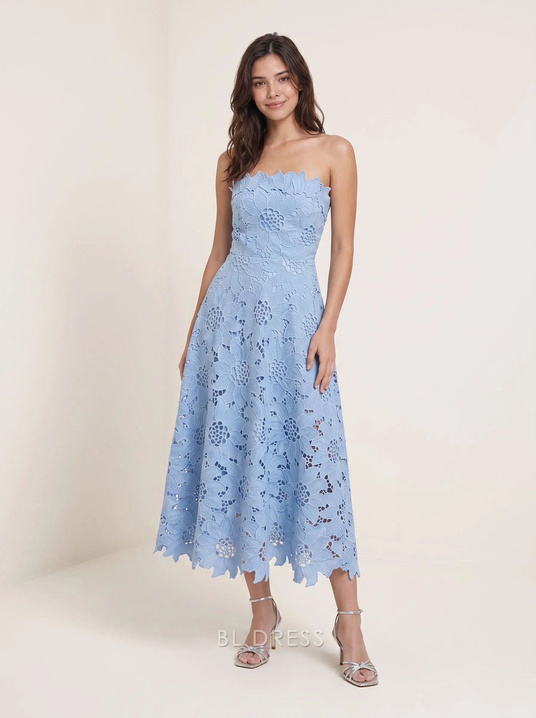 Light Blue Strapless Scalloped Neckline Floral Lace Fit and Flare Midi Prom Dress