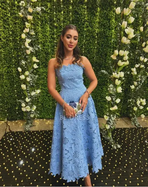 Light Blue Strapless Scalloped Neckline Floral Lace Fit and Flare Midi Prom Dress