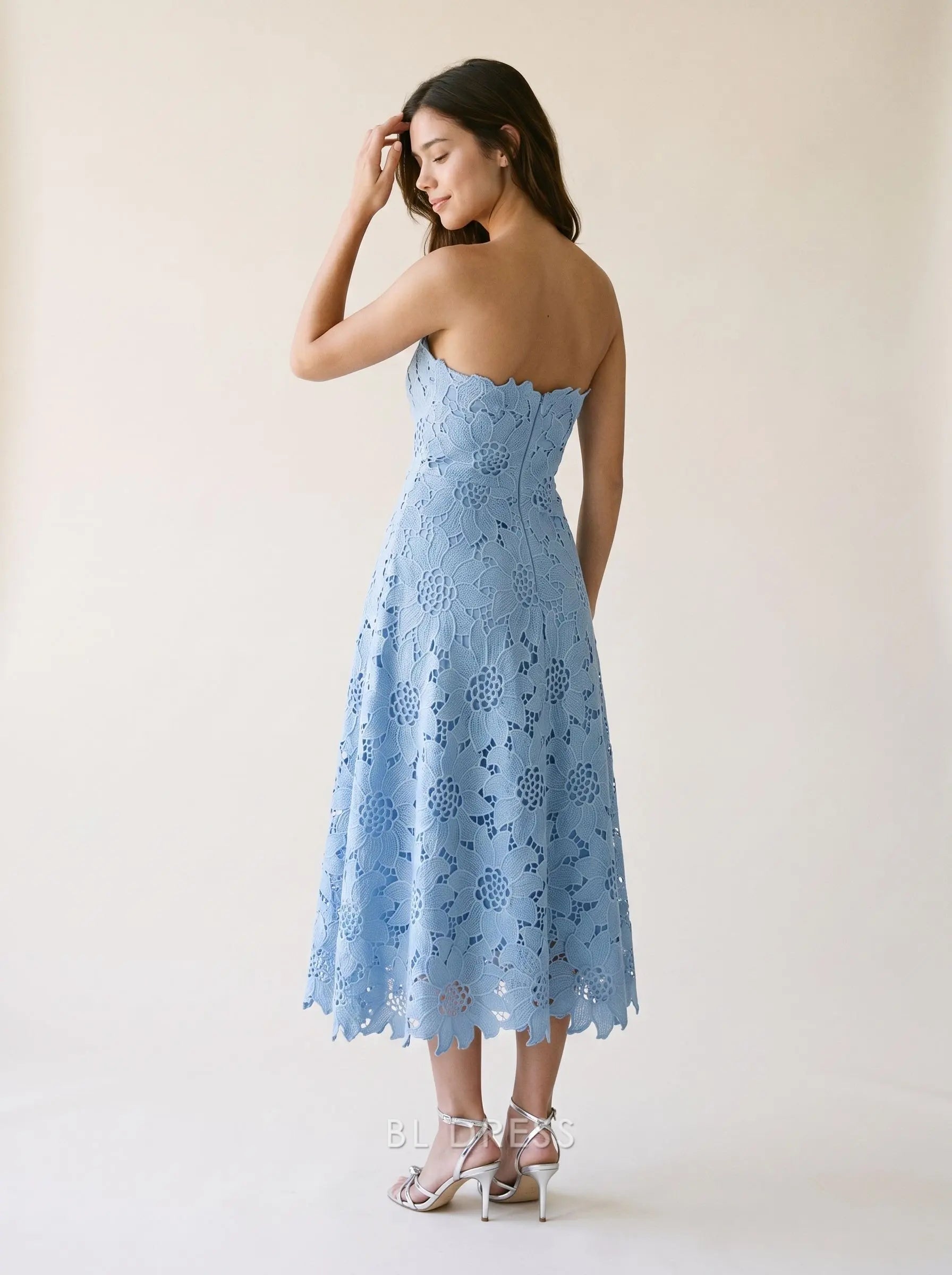 Light Blue Strapless Scalloped Neckline Floral Lace Fit and Flare Midi Prom Dress