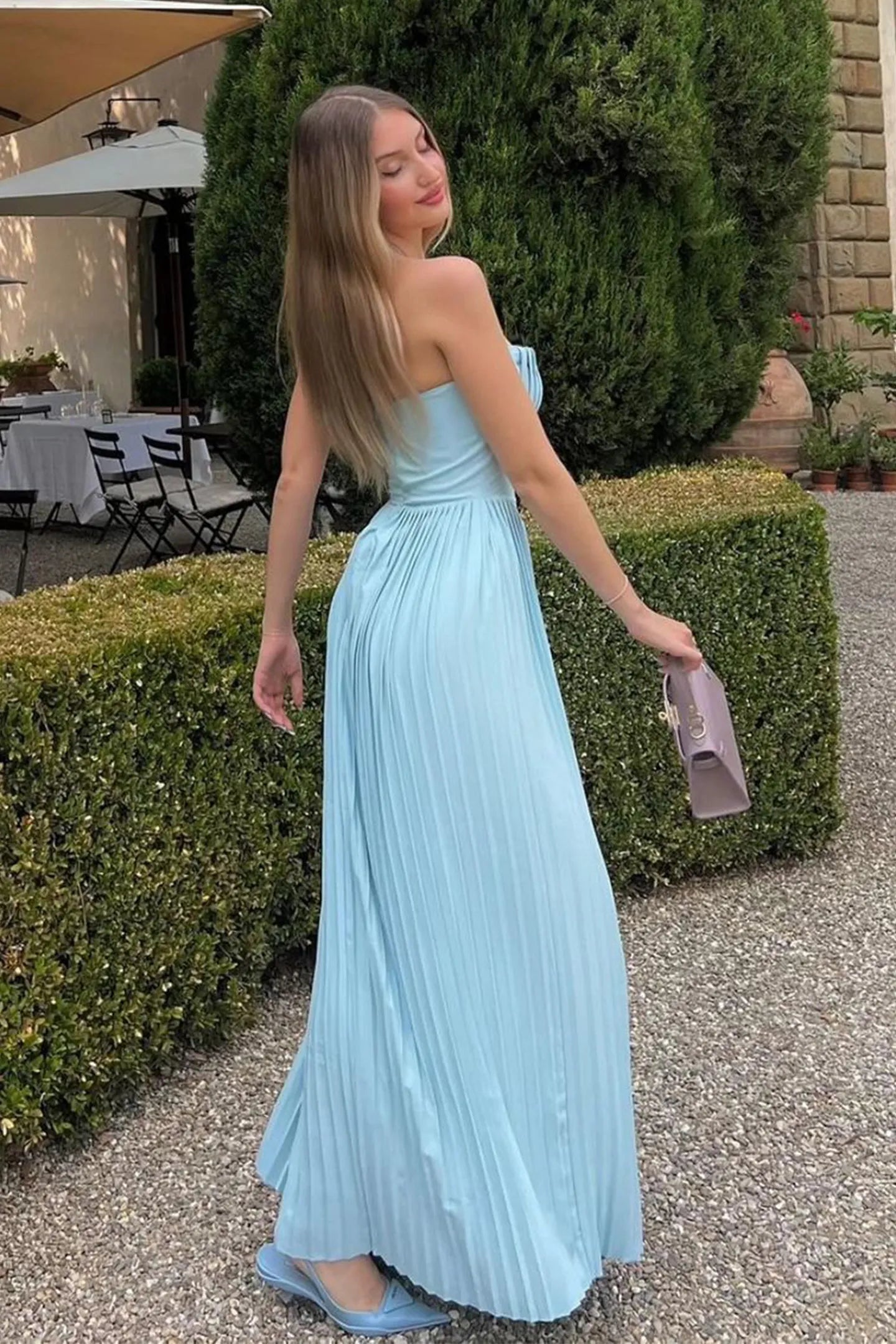 Light Blue Strapless Sweetheart Neck Pleated Maxi Prom Dress