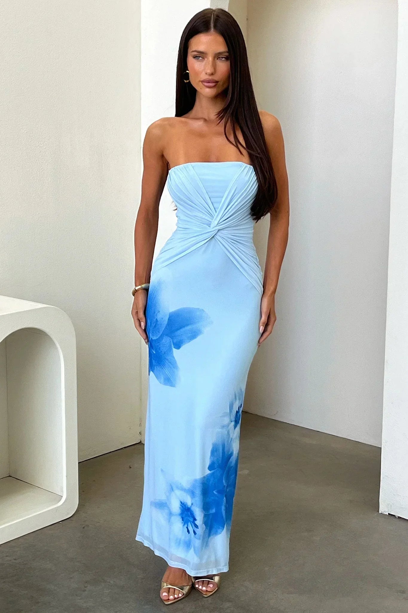 Light Blue Strapless Twist Front Floral Print Ruched Floor Length Formal Evening Prom Dress