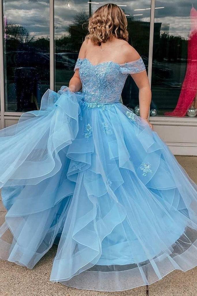 A-Line Tulle Off-the-Shoulder Tiered Light Blue Prom Evening Dress