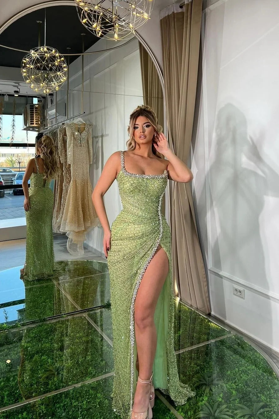 Light Green Square Neck Rhinestone Trim Beaded High Slit Mermaid Long Formal Evening Prom Dress