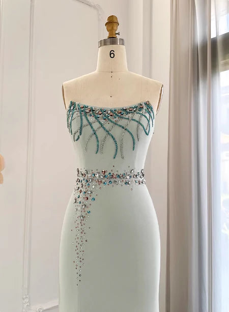 Light Mint Strapless Mermaid Prom Dress with Crystal Beaded Details and Front Slit