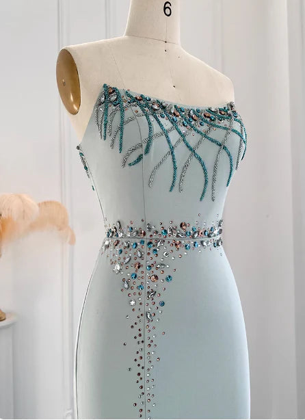 Light Mint Strapless Mermaid Prom Dress with Crystal Beaded Details and Front Slit