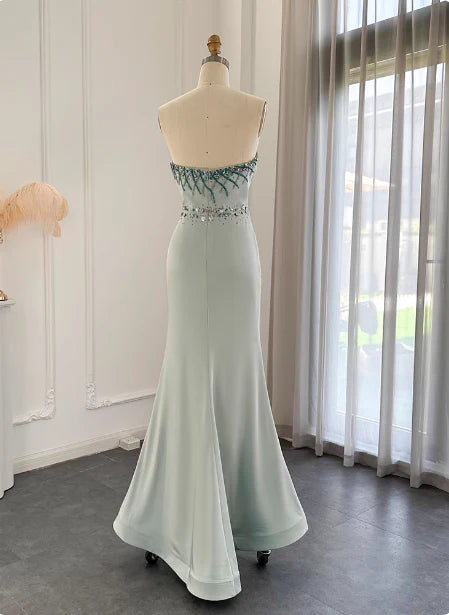 Light Mint Strapless Mermaid Prom Dress with Crystal Beaded Details and Front Slit