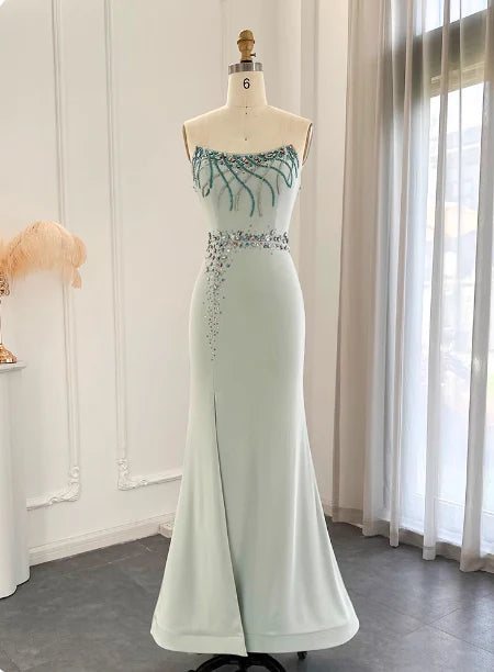 Light Mint Strapless Mermaid Prom Dress with Crystal Beaded Details and Front Slit
