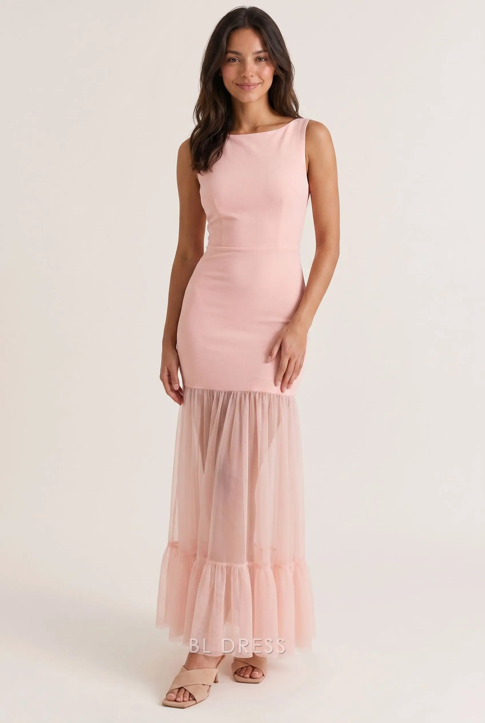 Light Pink Boat Neck Sleeveless Double Bow Tie Open Back Bodycon Tulle Ruffle Hem Long Prom Dress