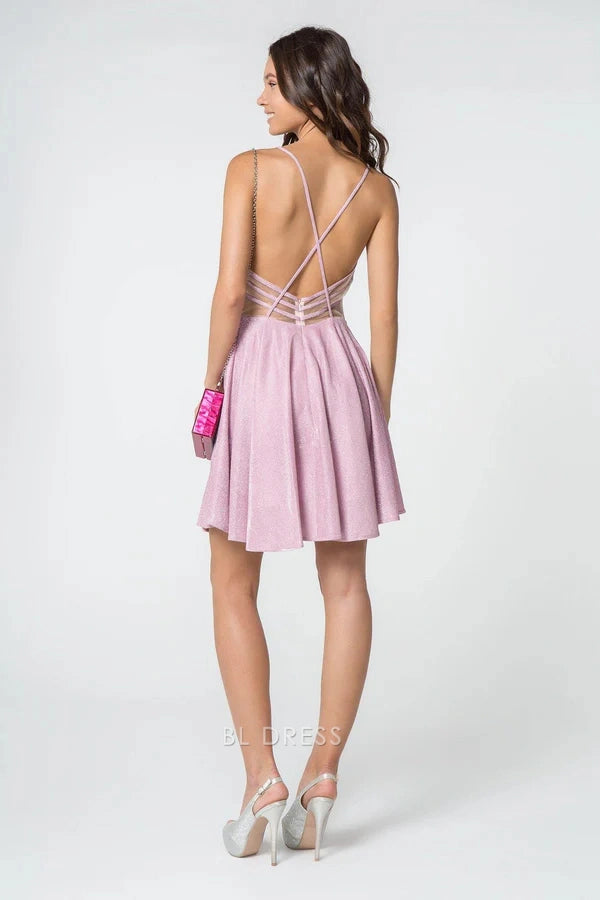 Light Pink Glitter Fabric Deep V Spaghetti Strap Crisscross Sheer Mesh Back A-Line Skater Mini Homecoming Dress