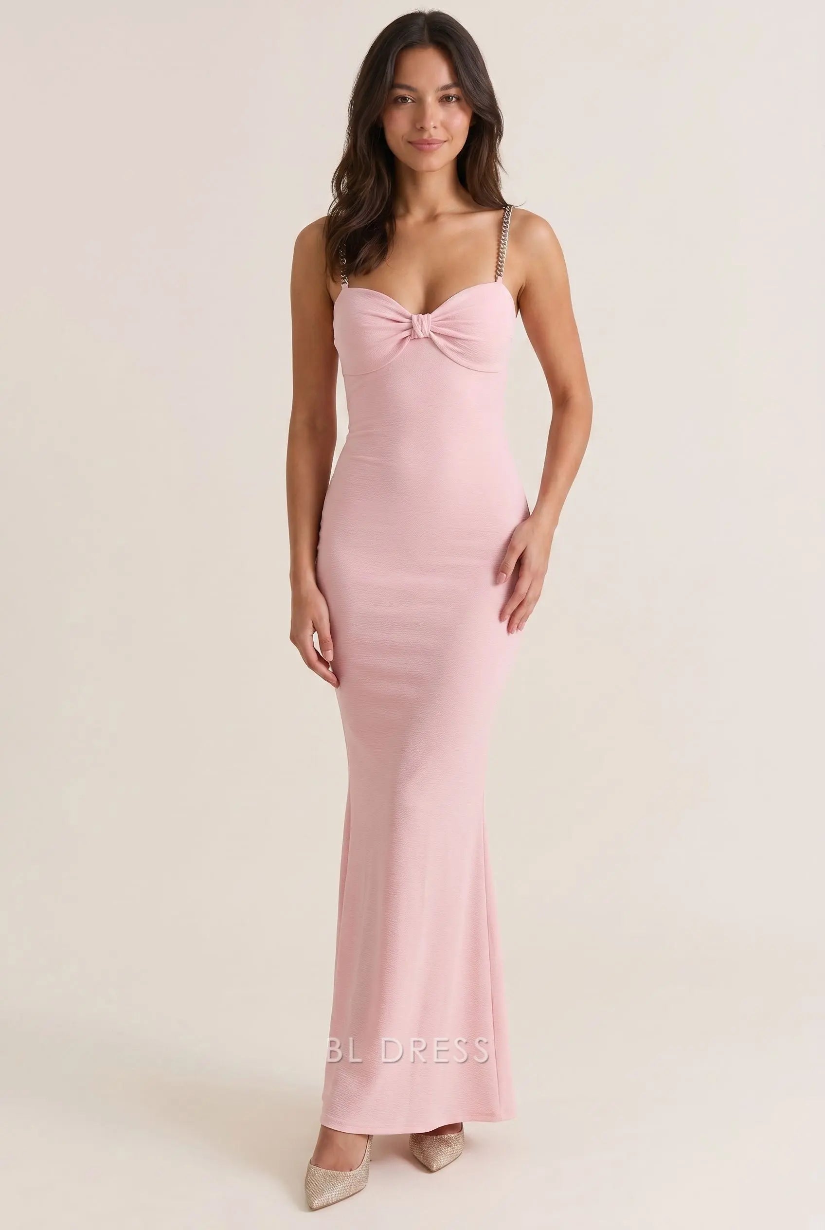 Light Pink Rhinestone Chain Strap Sweetheart Neck Twist Bust Bodycon Mermaid Long Prom Dress