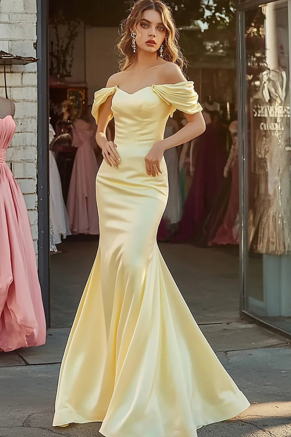 Light Yellow Off The Shoulder Prom Dress With Sweetheart Neckline And Satin Mermaid Silhouette For Formal Evening Party