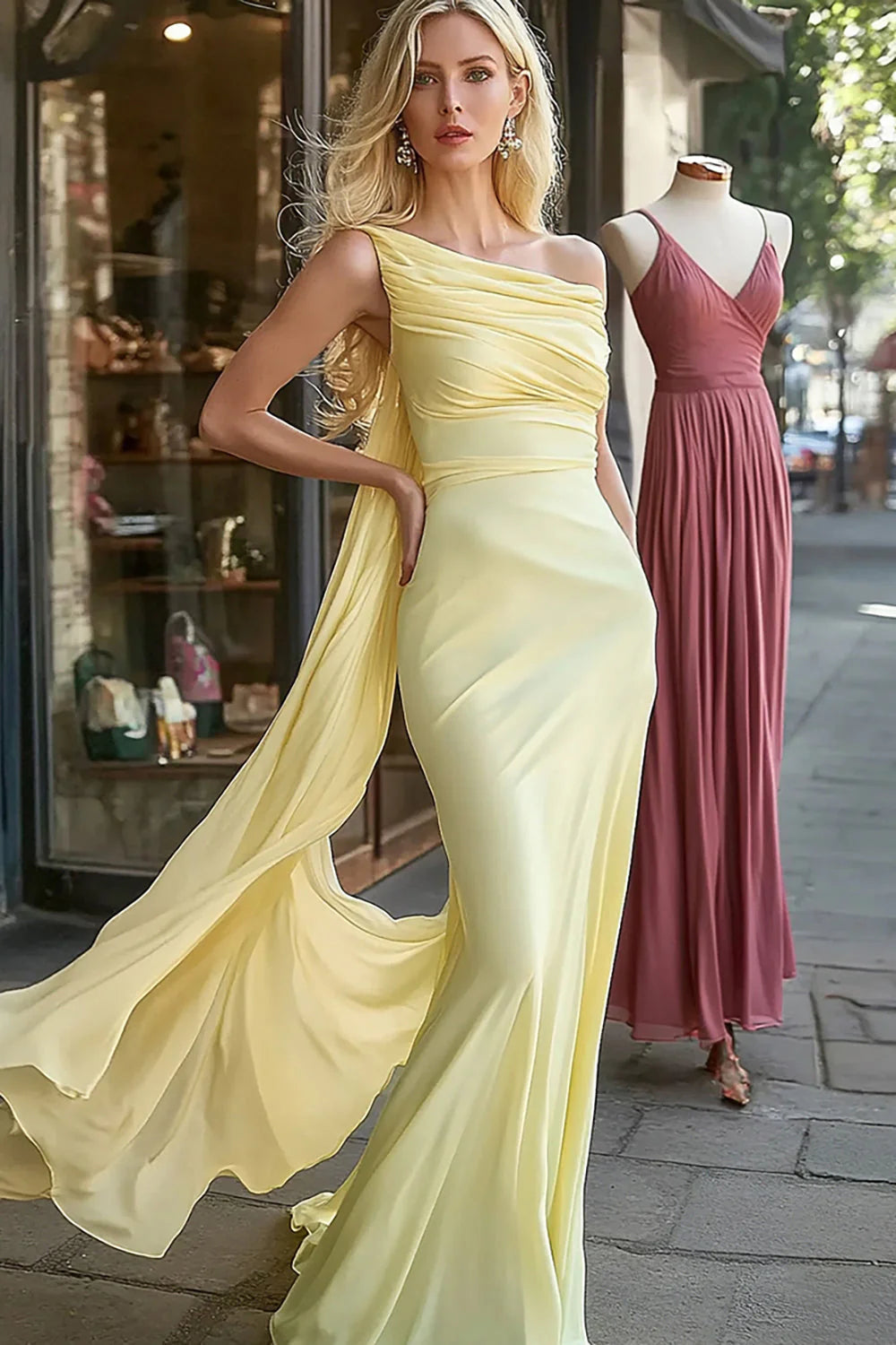 Light Yellow One Shoulder Prom Dress With Ruched Bodice And Flowing Train Chiffon Mermaid Silhouette For Formal Evening Party