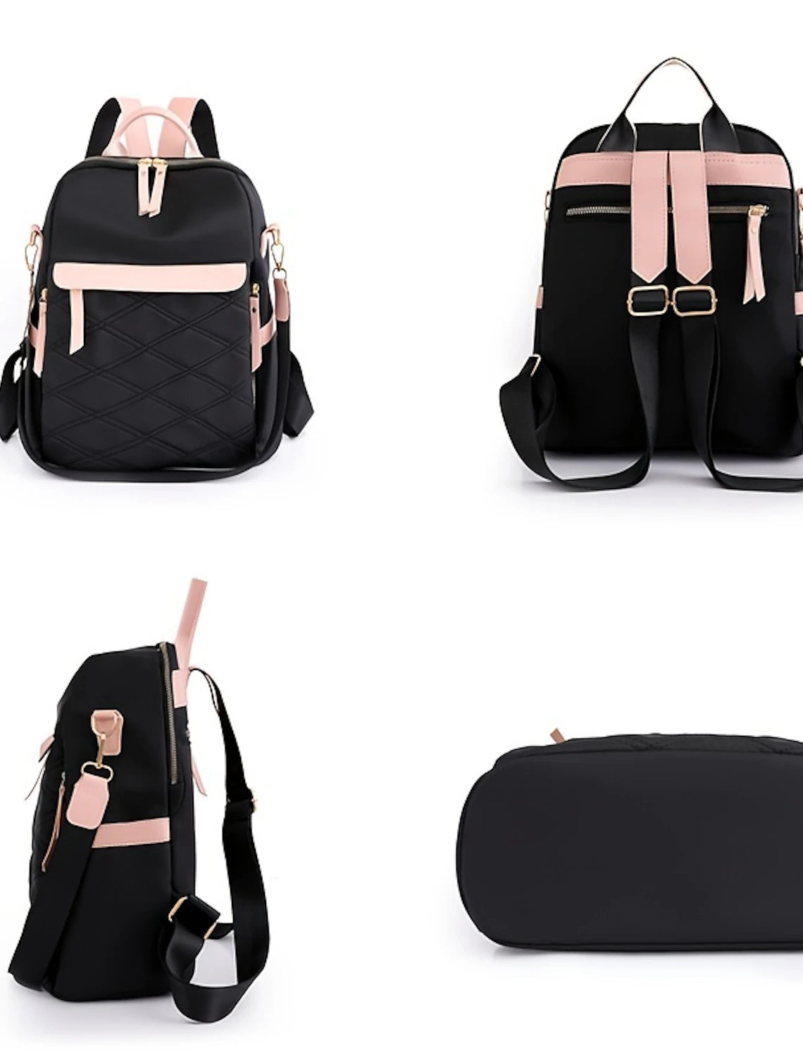 Side view of black anti-theft backpack on a woman.