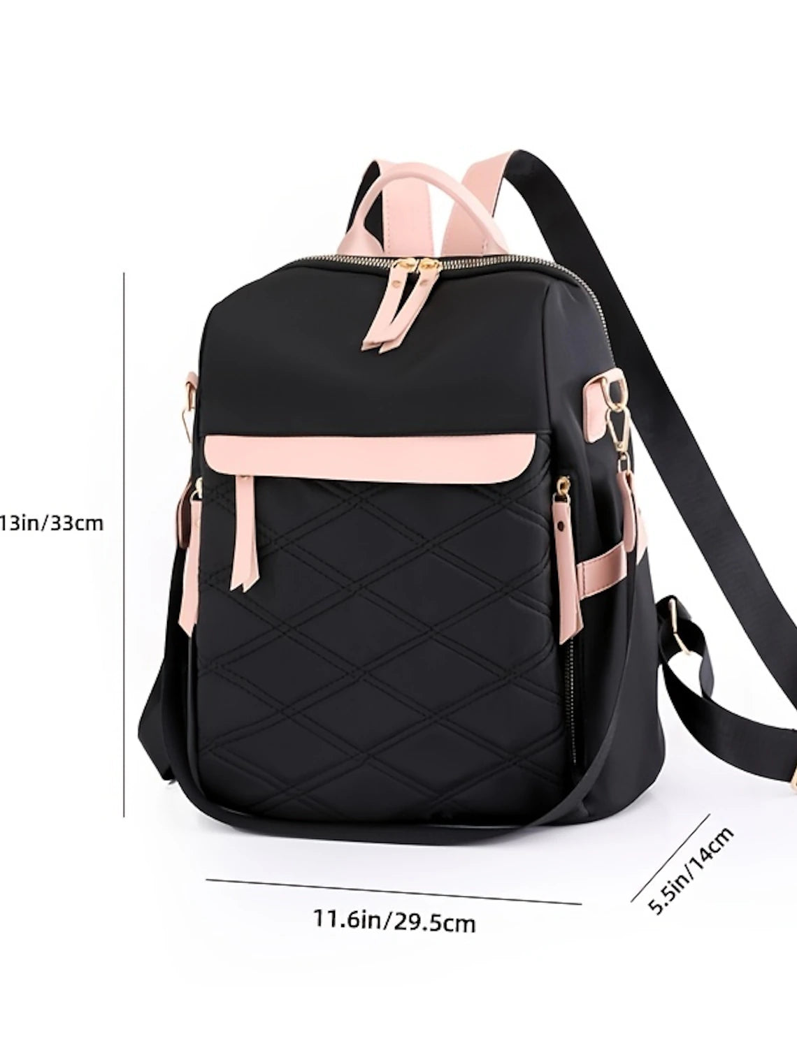 Close-up of anti-theft features on the black backpack.