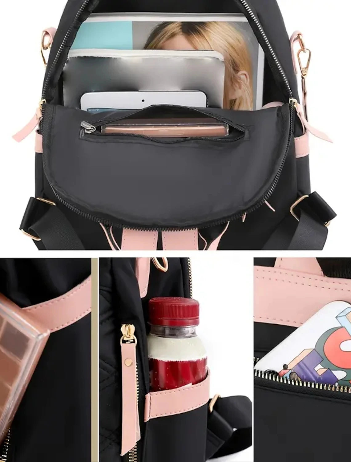 Front view of black anti-theft backpack.