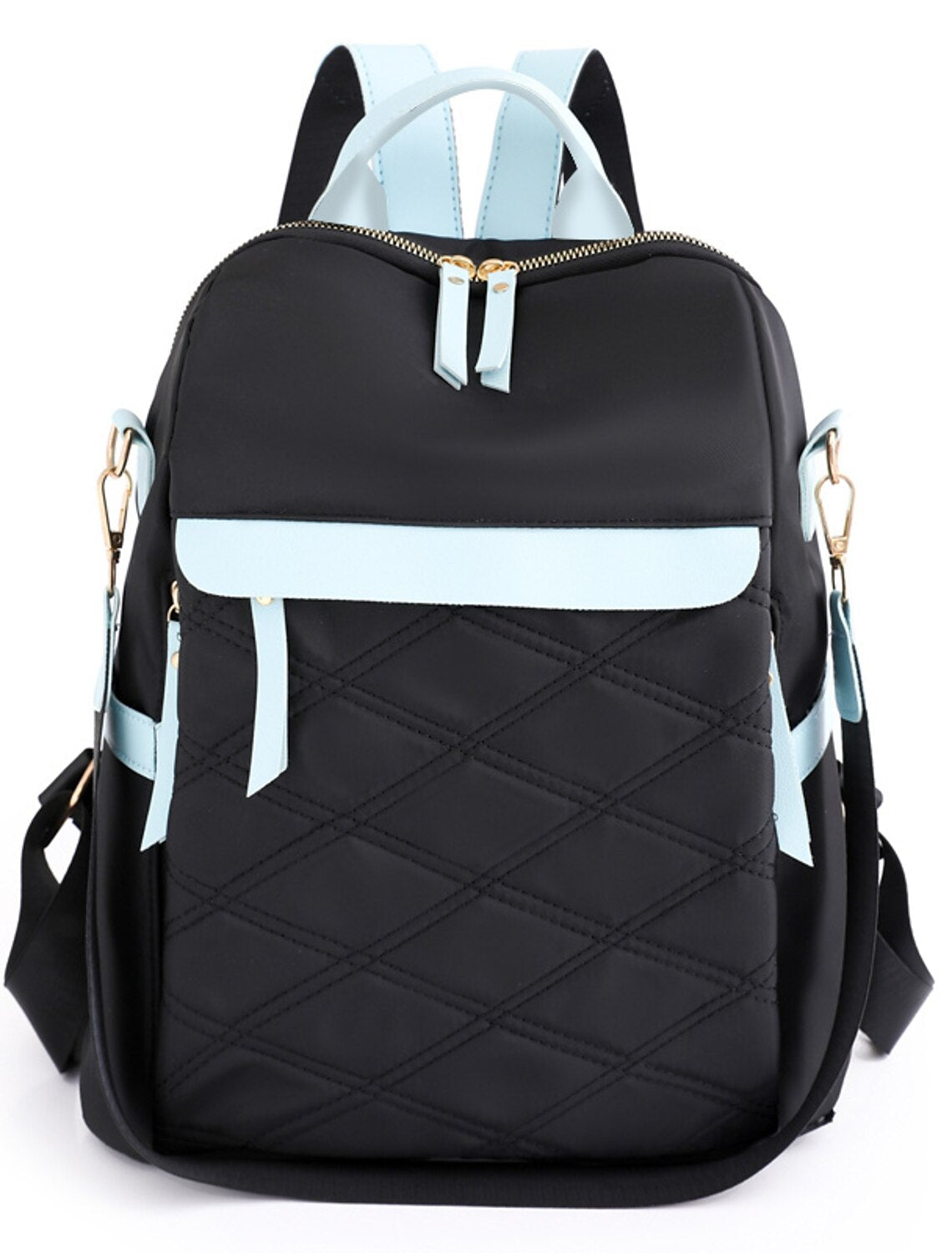 Woman wearing the black anti-theft travel backpack.