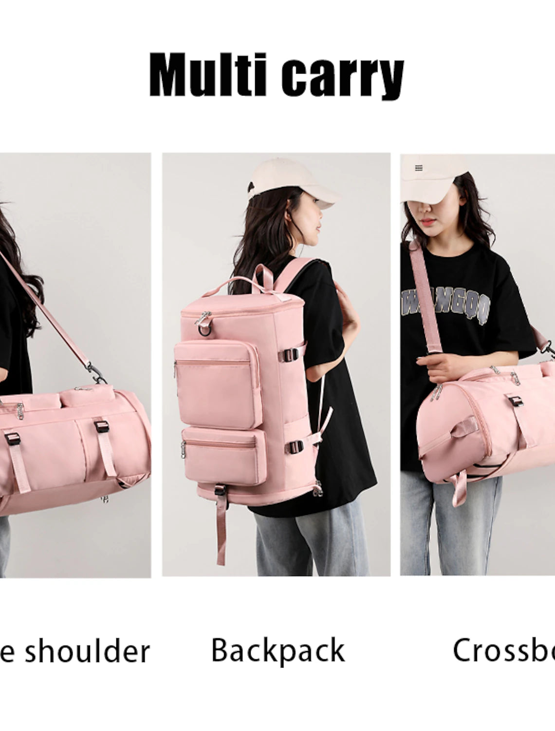 Side view of grey duffle bag showing zippered pocket.