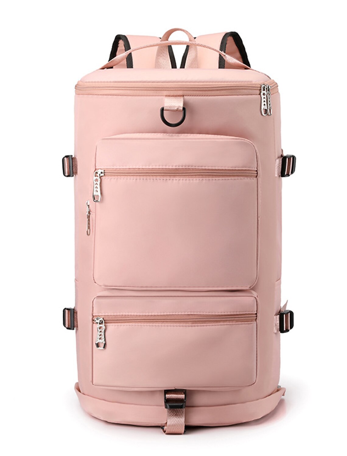 Person carrying a grey duffle bag over the shoulder.
