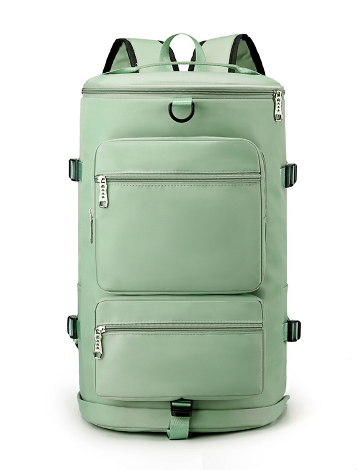 Top view of grey duffle bag with main compartment zipper.